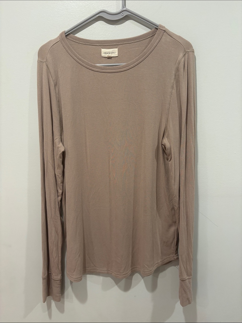 Thread & Supply Long-Sleeve Crewneck Top - Taupe ptp 19-22 length 24
